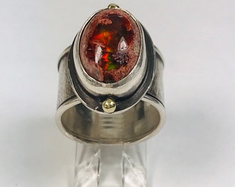 Mexican opal, silver, gold ring