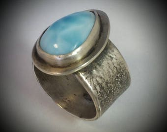 Reticulated Sterling Silver and Larimar Ring