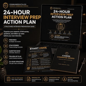 Peut inclure: Un guide de préparation aux entretiens noir et doré intitulé 24-Hour Interview Prep Action Plan. L'ensemble comprend un ordinateur portable affichant le guide, un document imprimé Start Here et un livret Career Command Series avec un stylo noir.