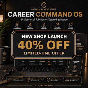 Op de afbeelding: Een zwart-gouden digitale productweergave getiteld Career Command OS, met een laptop, een mok en een snelstartgids. De tekst luidt New Shop Launch 40% Off Limited-Time Offer, met iconen voor het bijhouden van sollicitaties en het voorbereiden van interviews.