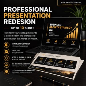 May include: A professional presentation redesign service advertisement featuring a laptop displaying a Business Growth Strategy 2024 slide, a printed document titled Our Strategic Pillars, and a black pen on a dark surface with gold text accents.