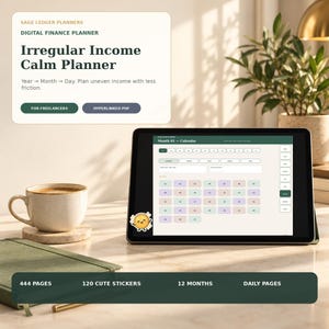 Irregular Income Goodnotes Planner, Hyperlinked Daily Freelancer Budget with 120 Cute Stickers