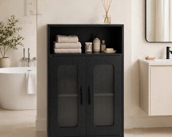 Storage Cabinet with Black Bathroom Adjustable Shelf and Open Organizer