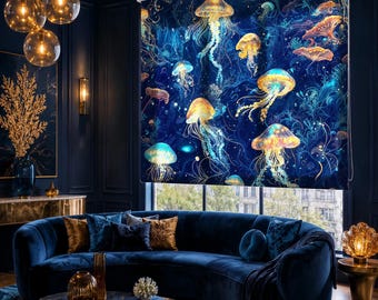 Ocean Jellyfish Roller Shade, Dark Blue Custom Roller Blind