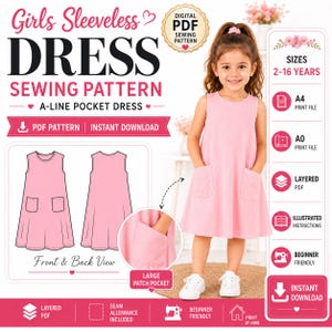 May include: A digital sewing pattern for a sleeveless A-line dress with large patch pockets. The design includes front and back views, sizes 2-16 years, A4 and A0 print files, and illustrated instructions. The pattern is labeled as beginner friendly.