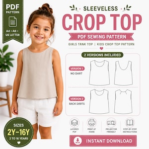 Ärmelloses Crop-Top-Schnittmuster (PDF) | Tanktop-Schnittmuster für Mädchen | Crop-Top-Schnittmuster für Kinder | Druckbare PDF-Datei | Sofort-Download | Größen 2–16 Jahre | A4/A0