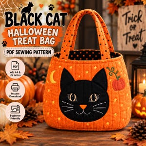 Può includere: Una borsa per dolcetti in tessuto trapuntato arancione con un'applicazione raffigurante un muso di gatto nero, una luna crescente gialla e una piccola zucca arancione. La borsa ha due manici arancioni a pois neri e una fodera interna nera a pois.