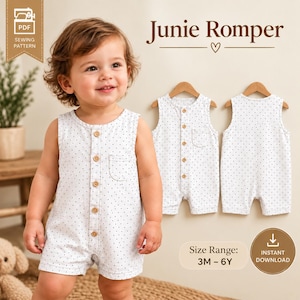 May include: A white sleeveless romper with a small black polka dot pattern, featuring a front button placket, a chest pocket, and a round neckline. The text Junie Romper, PDF SEWING PATTERN, and Size Range: 3M - 6Y INSTANT DOWNLOAD are visible.