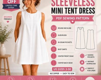 Sleeveless Mini Tent Dress Sewing Pattern | In-Seam Pockets, Beginner Friendly (Digital Download)