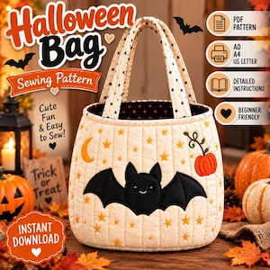 May include: A quilted Halloween bag sewing pattern featuring a cream-colored fabric with a black bat, orange crescent moon, and orange pumpkin appliqué. The bag has two handles with a black star pattern and a black interior with orange dots.