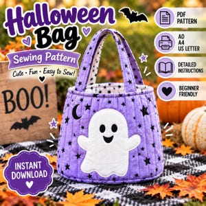 Könnte beinhalten: Eine gesteppte lila Stofftasche mit einer weißen Geisterapplikation und einem schwarzen Sternenmuster. Die Tasche hat zwei Griffe und einen runden Boden. Der Text auf dem Bild umfasst Halloween Bag, Sewing Pattern, Cute, Fun, Easy to Sew, BOO und Instant Download.