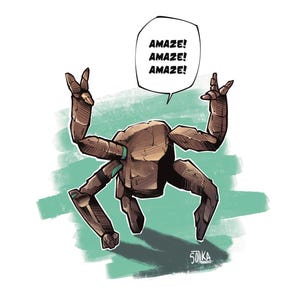 May include: A brown, rock-textured creature with four limbs and a central body, making peace signs with its upper hands. A speech bubble above the figure contains the text AMAZE! AMAZE! AMAZE! The illustration features a green brushstroke background.