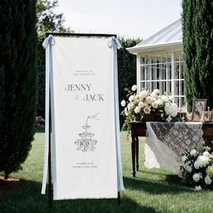Custom Linen Wedding Welcome Sign, Name Fabric Outdoor Garden Backdrop, Elegant Ceremony Decor