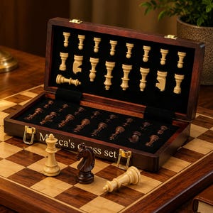 Personalized Weighted Wooden Chess Set, Engraved Foldable Travel Chess Board with 2 Extra Queens, Father’s Day Gift & Family Game