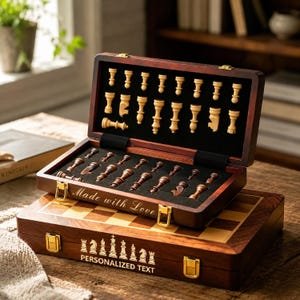 Personalized Engraved Wooden Chess Set, Custom Foldable Travel Chess Board with 2 Extra Queens, Weighted Magnetic Chess Set Gift for Men