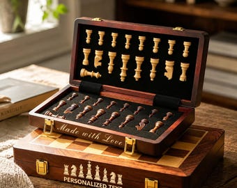 Personalized Engraved Wooden Chess Set, Custom Foldable Travel Chess Board with 2 Extra Queens, Weighted Magnetic Chess Set Gift for Men