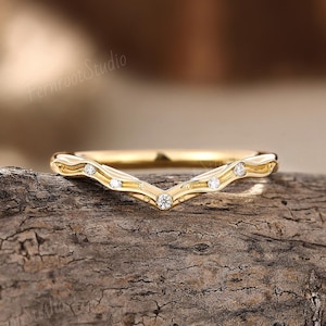 Moissanite Chevron Wedding Band, Curved V-Shaped Stacking Ring, Minimalist Bridal Band