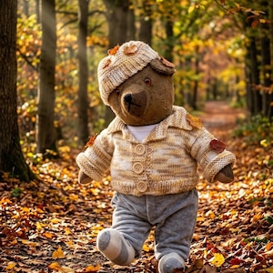 May include: A brown teddy bear wearing a cream and tan knit beanie, a matching button-up knit cardigan, and grey sweatpants. The bear has dark eyes and a stitched nose, with small dried autumn leaves resting on its hat and shoulders.