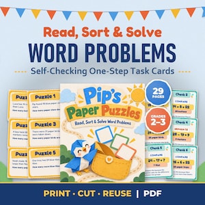 Puede incluir: Un conjunto de tarjetas educativas titulado Read, Sort & Solve Word Problems con Pip's Paper Puzzles. La colección incluye 29 páginas para los grados 2-3, con problemas matemáticos, un pájaro de origami azul y una bolsa amarilla.
