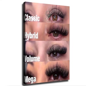 May include: A vertical wall art print featuring four stacked close-up images of eyes with different eyelash extension styles. The text labels Classic, Hybrid, Volume, and Mega are printed in white over each corresponding eye to show the density.