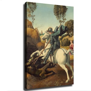 May include: A canvas print depicting a knight in dark metal armor riding a white horse, holding a long wooden lance pointed at a dark green dragon on the ground. A figure in a red garment stands in the background near trees and rocky hills.