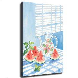 May include: A vertical canvas painting depicting a clear glass pitcher decorated with pink flowers and green leaves, surrounded by three slices of red watermelon and green mint sprigs on a blue and white checkered tablecloth near a window.
