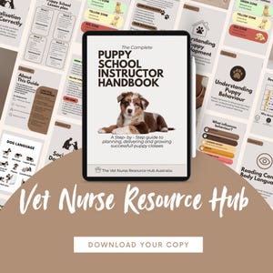 Op de afbeelding: Een digitale tablet met The Complete Puppy School Instructor Handbook en een foto van een bruine en witte puppy. Het scherm bevat de ondertitel A Step-by-Step guide to planning, delivering and growing successfull puppy classes.