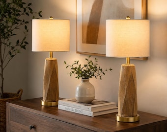 Farmhouse Bedside Wooden Lamps Grain Linen Shade Set of 2 USB A/C