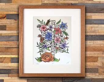 Bones & Flowers - Woodblock Print