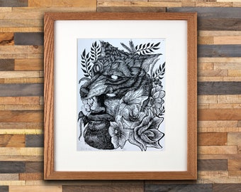 Hunter with Wolf Head and Flowers - Limited Woodblock Print