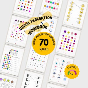 Op de afbeelding: Een werkboek voor visuele perceptie met 70 pagina's en 3 niveaus. De pagina's bevatten diverse oefeningen, waaronder rasters met gekleurde stippen, het matchen van vormen, patronenreeksen en opdrachten waarbij lijnen getrokken moeten worden.