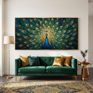 Peacock Majesty Gold and Emerald Oil Painting, Large Textured Wall Art, Luxury Bird Artwork, Teal and Blue Statement Piece for Home Decor