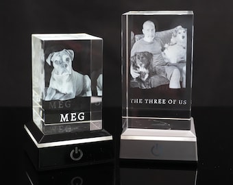 Personalised Photo Crystal Block, K9 Crystal Keepsake, Internal Laser Engraving, Optional LED Base