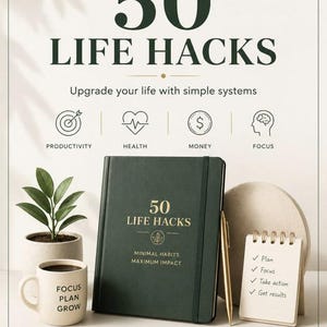 May include: A dark green planner with the text 50 LIFE HACKS, MINIMAL HABITS MAXIMUM IMPACT. Beside it sits a white mug with the text FOCUS PLAN GROW, a small spiral notepad with a checklist, a gold pen, and a potted plant. The header reads 50 LIFE HACKS.