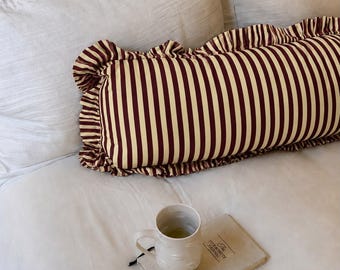 Burgundy Cream Striped Ruffle Lumbar Pillow Cover, Vintage Stripe Decorative Cushion, Cottagecore Ruffled Pillow Case