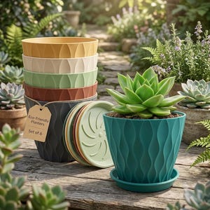 May include: A set of six stackable plastic planters in various colors including yellow, cream, green, terracotta, and dark gray. Each planter features a vertical wavy texture and a matching saucer. A brown tag reads Eco-Friendly Planters Set of 6.