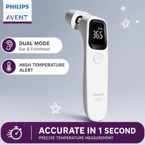 Pode incluir: Um termómetro digital branco Philips Avent com um ecrã preto que mostra 36,5 graus Celsius. O dispositivo possui um botão de leitura, um sensor duplo para ouvido e testa, e texto indicando alerta de temperatura e precisão de um segundo.