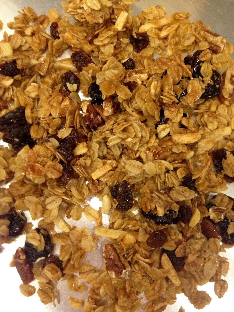 May include: A close-up of a bowl of granola with oats, almonds, pecans, and raisins. The granola is golden brown and appears to be homemade.