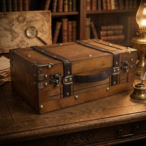 May include: A rectangular wooden storage chest featuring dark brown leather-like straps, a central handle, and metallic corner reinforcements. The box is secured with two front metal latches and accented with small brass-toned rivets along the edges.