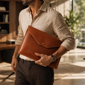 Könnte beinhalten: Ein beiges, langärmeliges Hemd mit Knopfleiste, eine dunkelbraune Hose und eine braune Leder-Dokumentenmappe mit dreieckiger Klappe und einem einzelnen Metalldruckknopf. Am linken Handgelenk befindet sich eine Armbanduhr mit dunklem Zifferblatt.