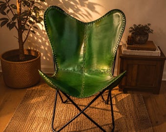 Silla mariposa de cuero verde hecha a mano / Silla auxiliar de cuero de grano completo / Sillón moderno de mediados de siglo / Silla de lectura de lujo