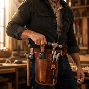 May include: A brown leather tool belt featuring multiple pockets and loops, holding a metal hammer with a wooden handle, a pair of black handled shears, a utility knife, and a set of keys attached to a metal ring, worn over dark blue denim jeans.
