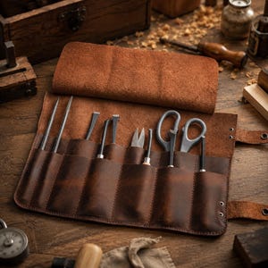 Pode incluir: Um estojo de ferramentas em couro castanho com múltiplos bolsos contendo vários instrumentos metálicos para trabalhar madeira, incluindo formões, sovelas e tesouras. O estojo possui uma aba e botões de pressão metálicos nas tiras.