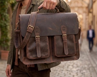 Handmade Crazy-Horse Leather Messenger Bag – Distressed Brown 14″ Laptop Briefcase with Brass Buckles (Men’s Work Satchel)
