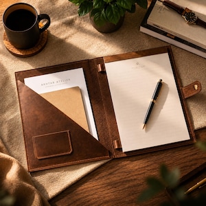 May include: A brown leather portfolio folder featuring a triangular pocket on the left side containing a notebook and a right-side panel holding a lined notepad with the text Akhtar Atelier. A black pen rests on the notepad, and a strap closure is attached.