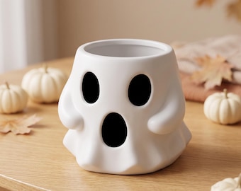 Cubo de Halloween con diseño de fantasma adorable / Cuenco de dulces estético y organizador de escritorio espeluznante / Maceta de vinilo para otoño / Decoración espeluznante y adorable
