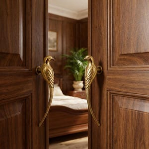May include: A pair of brass door handles shaped like birds with long, slender tails. The handles are mounted on dark brown wooden double doors, featuring a metallic gold finish with detailed engravings of feathers and wings on each bird figure.
