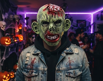 Máscara de zombi de Halloween con cerebro expuesto, máscara de látex verde espeluznante que cubre toda la cabeza, accesorio de disfraz de monstruo aterrador, decoración para fiestas de terror y cosplay