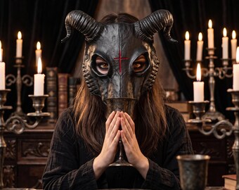 Máscara gótica superventas de calavera de cabra realista Baphomet con cuernos, accesorio para fiestas de cosplay pagano, máscara de Halloween, máscara de cosplay