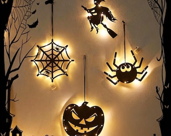 Luces colgantes de siluetas de Halloween, decoración de pared con fantasmas de calabaza iluminados, luces LED espeluznantes para ventanas, lindas decoraciones para fiestas de Halloween en interiores.